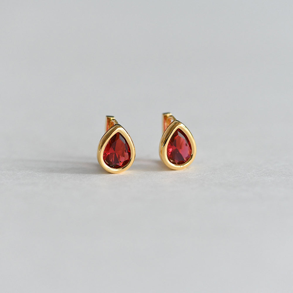 925 Silver Water Drop Bezel Red One Touch Earrings_KWAJE382