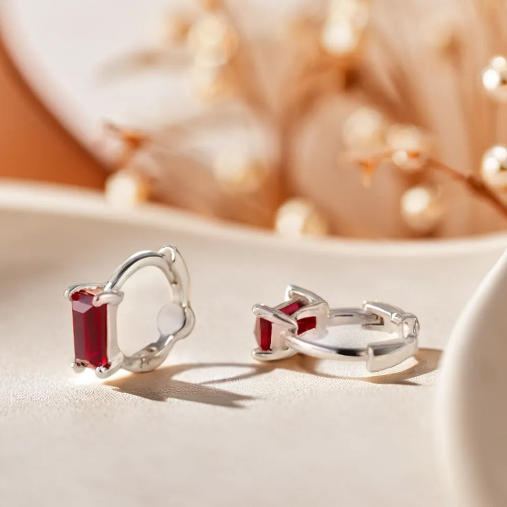 925 Silver Garnet Baguette One Touch Earrings_KWAJE235