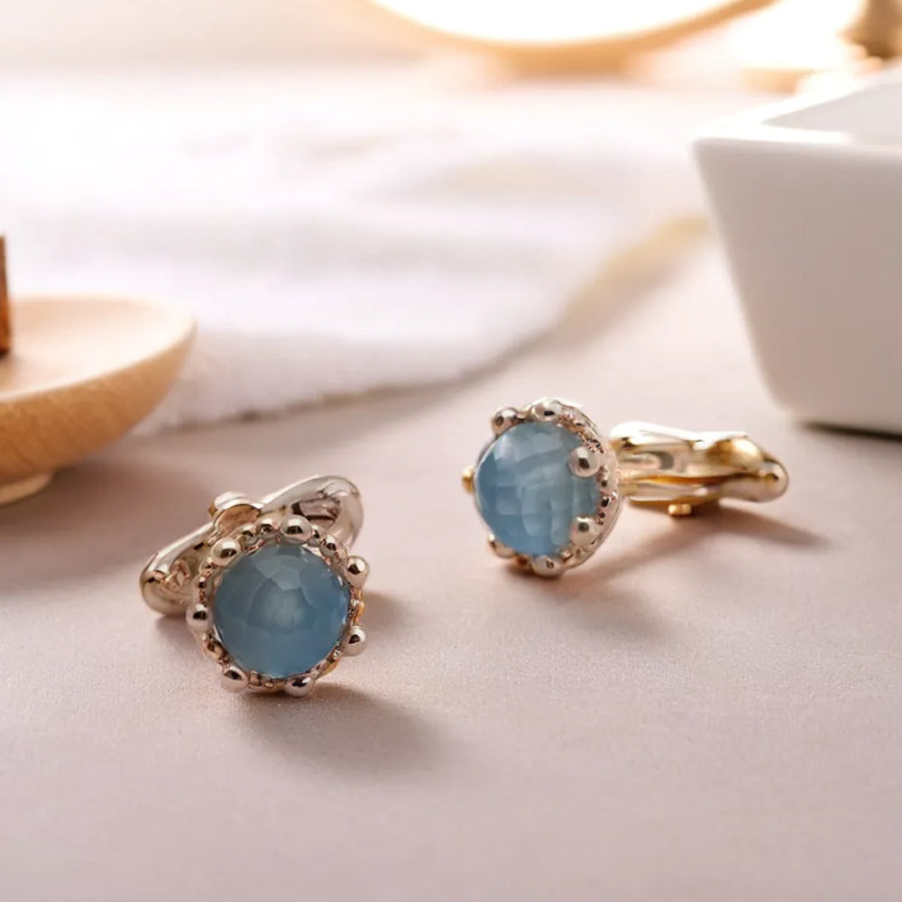 925 silver natural gemstone blue chalcedony one touch earrings_KWAJE248