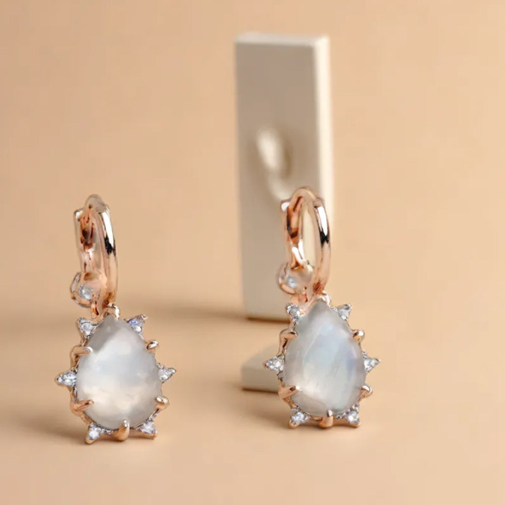 925 silver natural stone rainbow moonstone water drop cut one touch earrings_KWAJE344