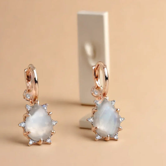 925 silver natural stone rainbow moonstone water drop cut one touch earrings_KWAJE344