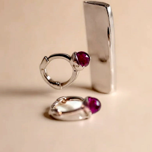 925 silver soccer ball garnet gemstone mini one touch earrings_KWAJE358