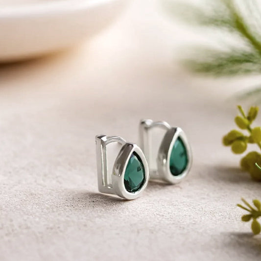 925 Silver Water Drop Bezel Green One Touch Earrings_KWAJE381