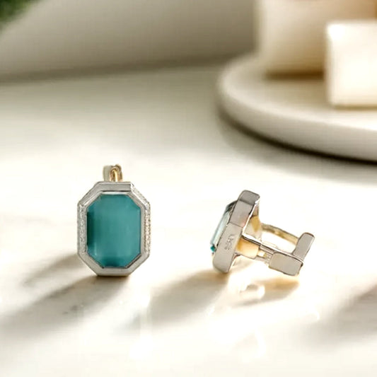 925 Silver Square Bezel Green One Touch Earrings_KWAJE362