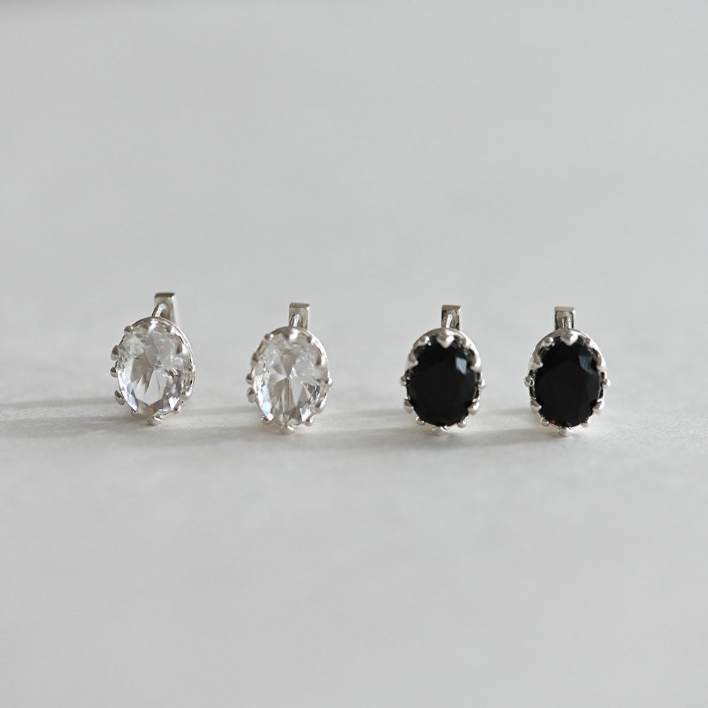 925 Silver Oval Crown Black One Touch Earrings_KWAJE078