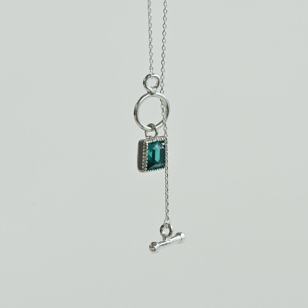 925 Silver Blue Zircon Square Toggle Bar Necklace_KWAJE208