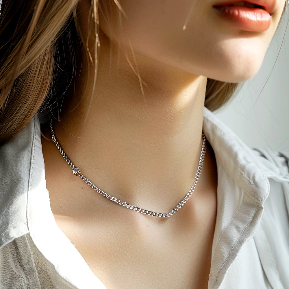 925 Silver Curve Hollow Chain Cubic Necklace_KWAJE399