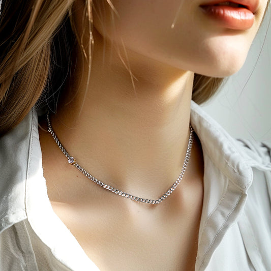 925 Silver Curve Hollow Chain Cubic Necklace_KWAJE399