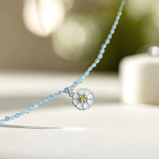 925 Silver Daisy Light Blue Cat’s Eye Necklace_KWAJE402