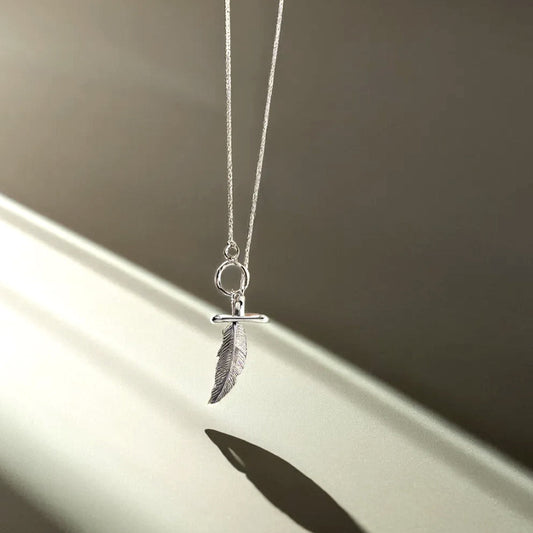 925 Silver Feather Toggle Bar Necklace_KWAJE408