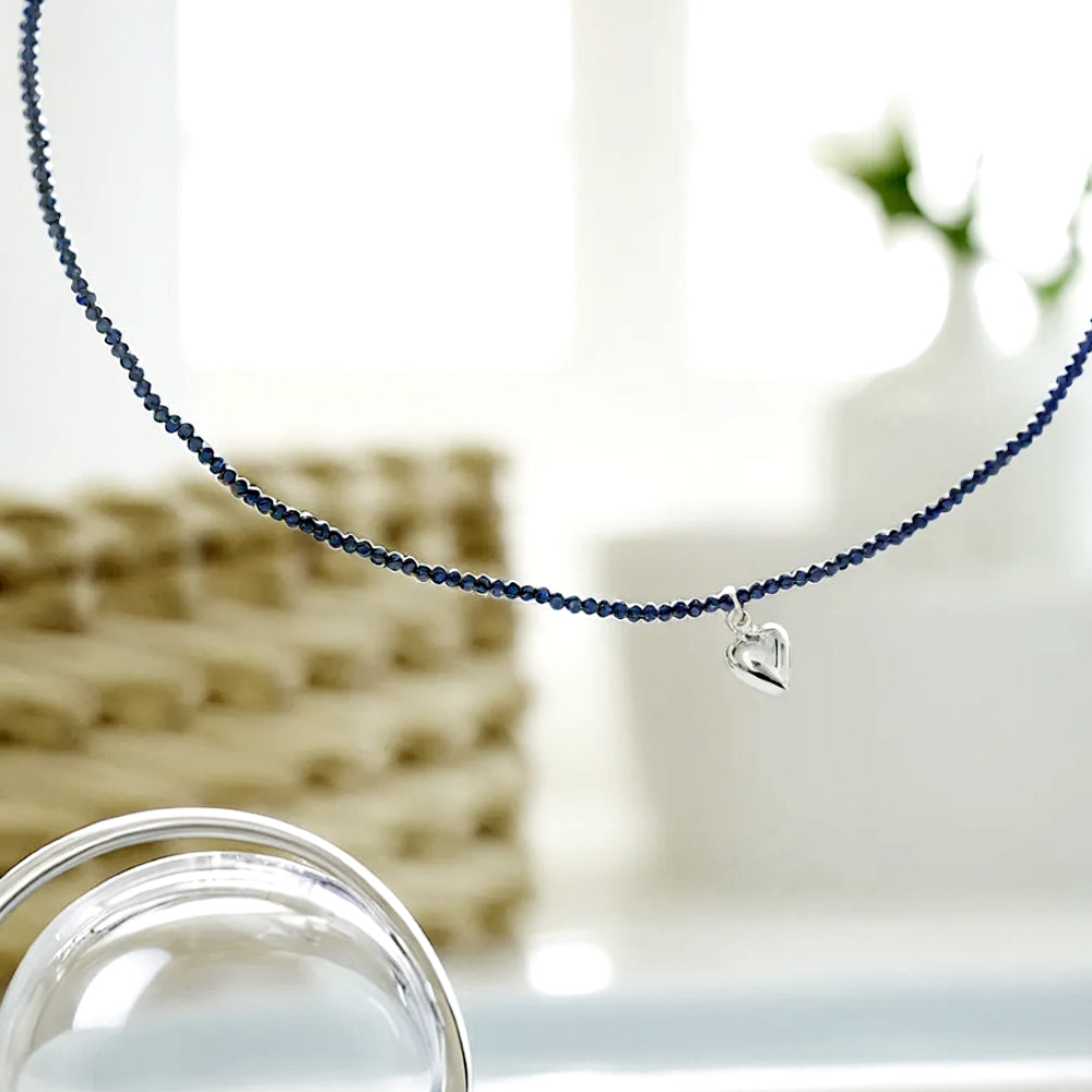 925 silver heart pendant navy beads necklace_KWAJE433