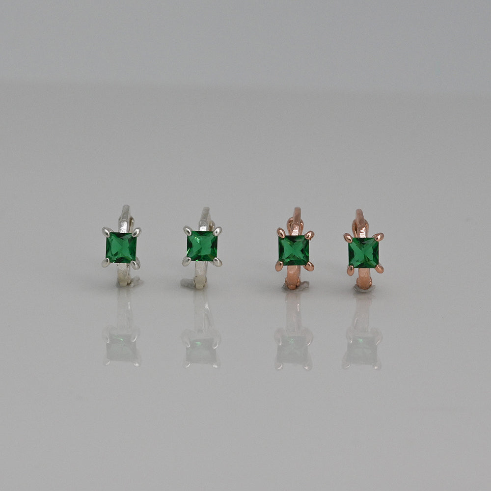 925 Silver Green Square One Touch Earrings_KWAJE238