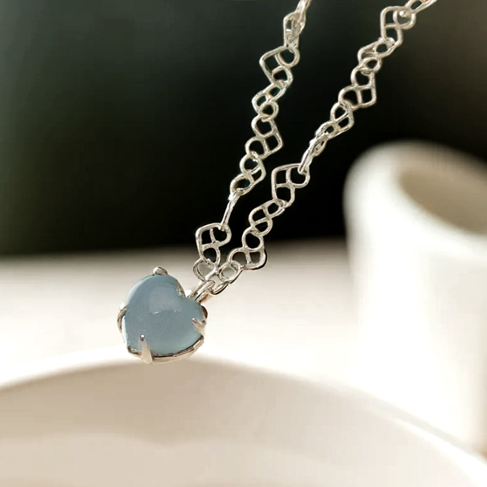 925 silver natural gemstone aquamarine heart necklace_KWAJE452