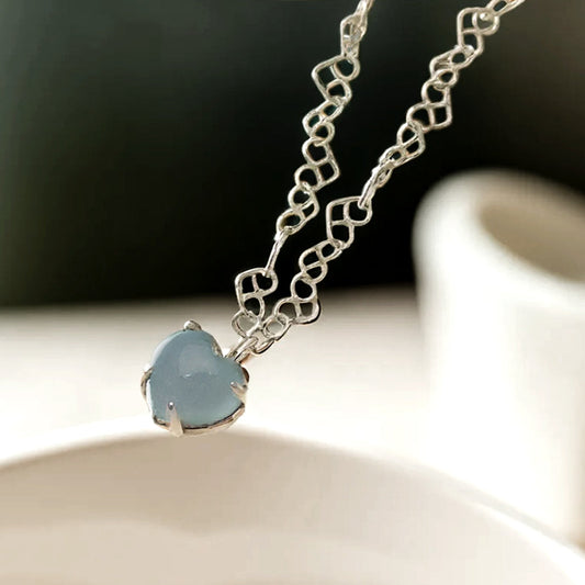 925 silver natural gemstone aquamarine heart necklace_KWAJE452