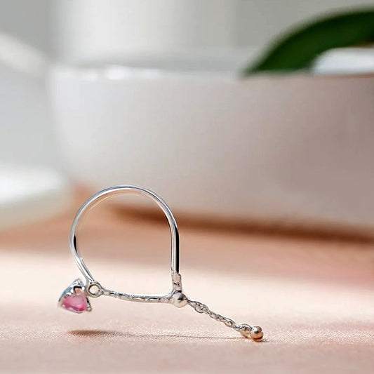 925 Silver Pink Heart Snake Chain Ball Slide Ring_KWAJE050