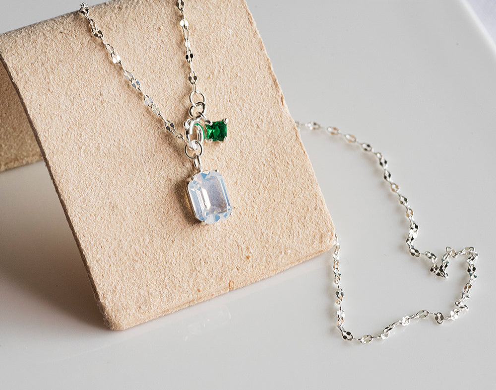 925 Silver White Green Square Necklace_KWAJE572