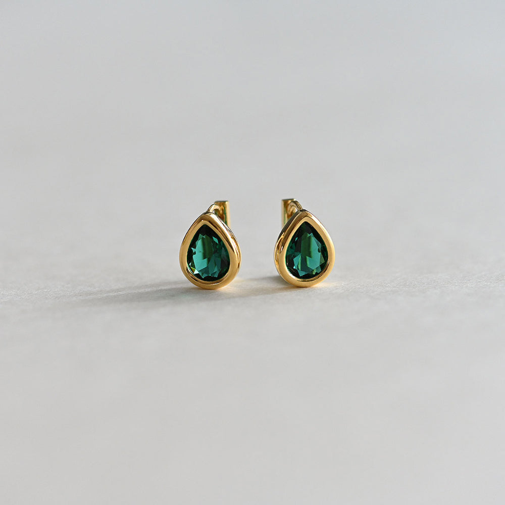 925 Silver Water Drop Bezel Green One Touch Earrings_KWAJE381