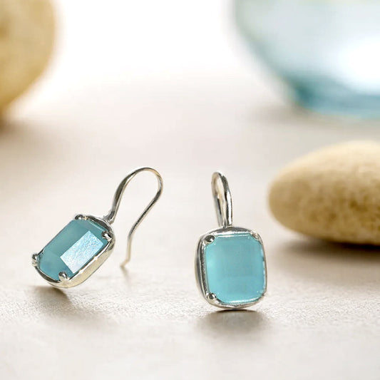 925 silver sky blue square bead hook earrings_KWAJE485