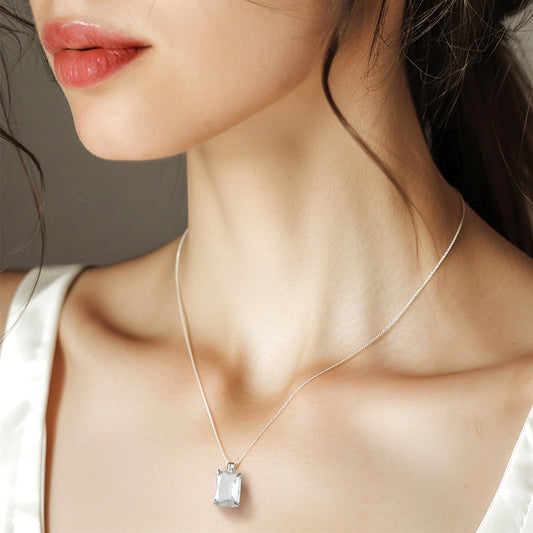 925 Silver Square Crystal Necklace_KWAJE596