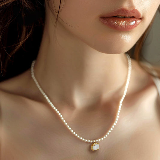 925 Silver Square Crystal Nuclear Pearl Necklace_KWAJE597