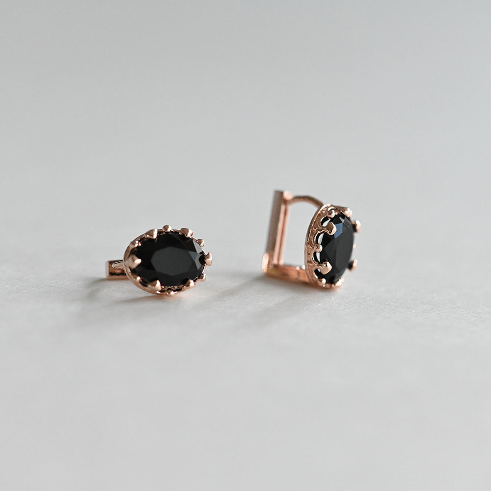 925 Silver Oval Crown Black One Touch Earrings_KWAJE078