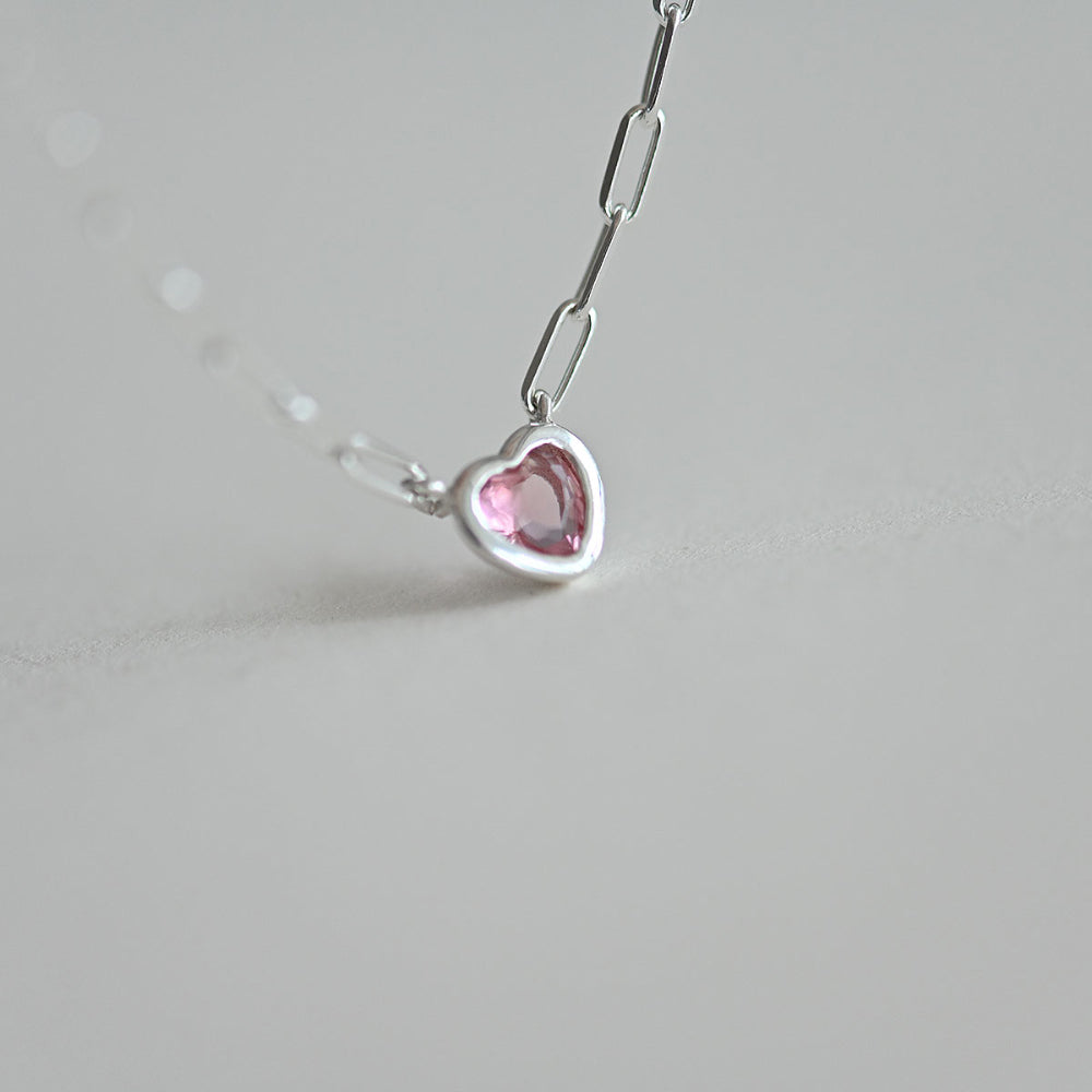 925 silver chain pink heart necklace_KWAJE211