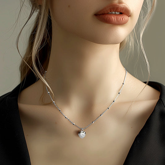 925 silver sparkling square bead chain heart necklace_KWAJE569