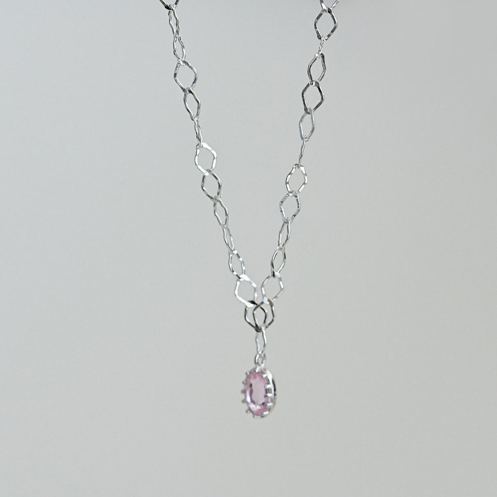 925 Silver Oval Crystal Hammering Necklace_KWAJE547