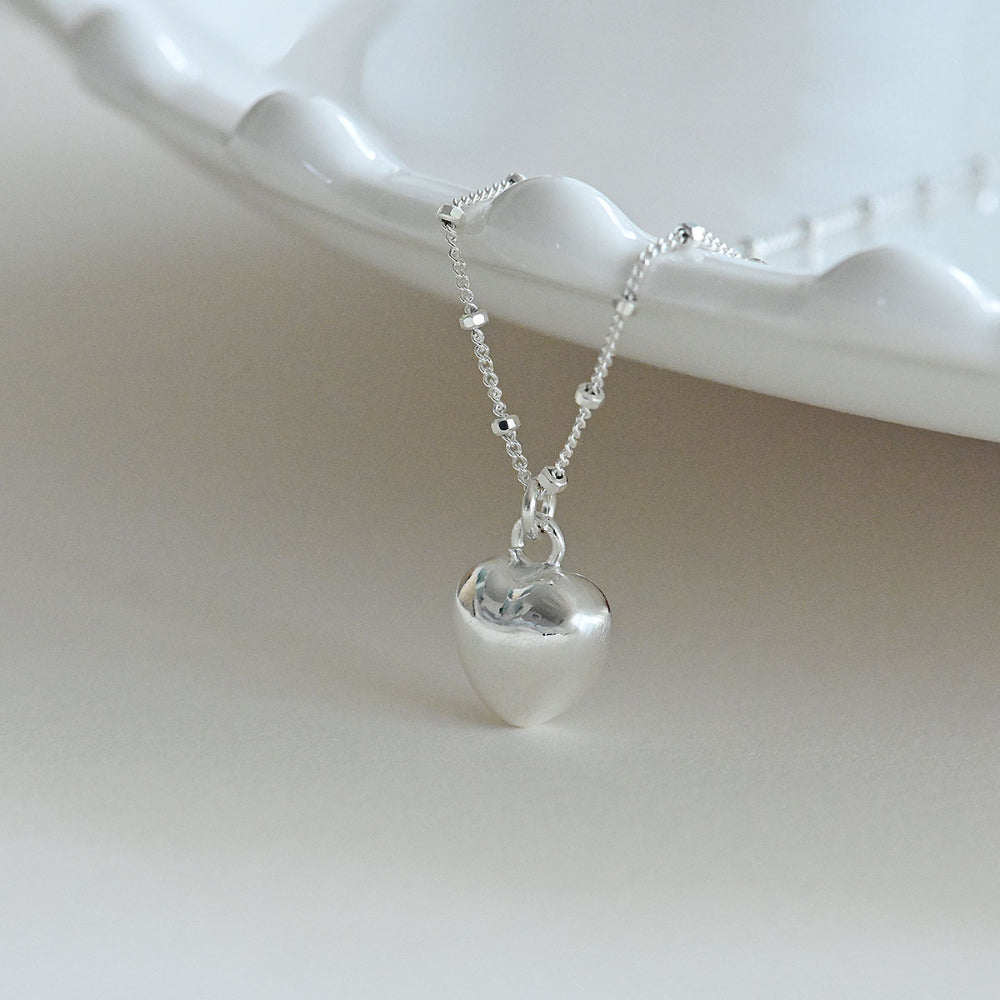 925 silver sparkling square bead chain heart necklace_KWAJE569