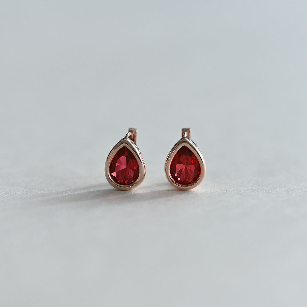 925 Silver Water Drop Bezel Red One Touch Earrings_KWAJE382