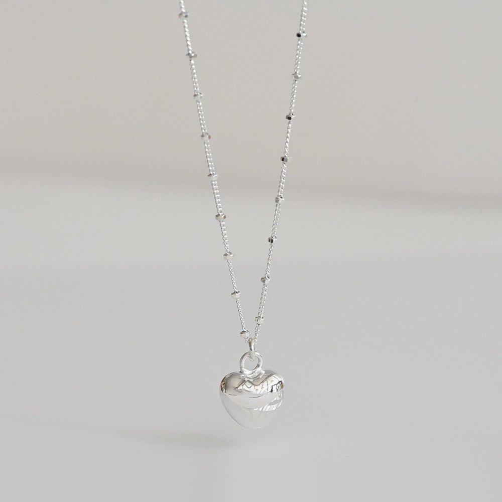 925 silver sparkling square bead chain heart necklace_KWAJE569