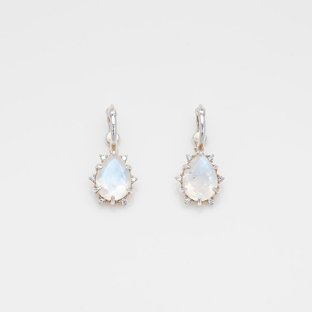 925 silver natural stone rainbow moonstone water drop cut one touch earrings_KWAJE344