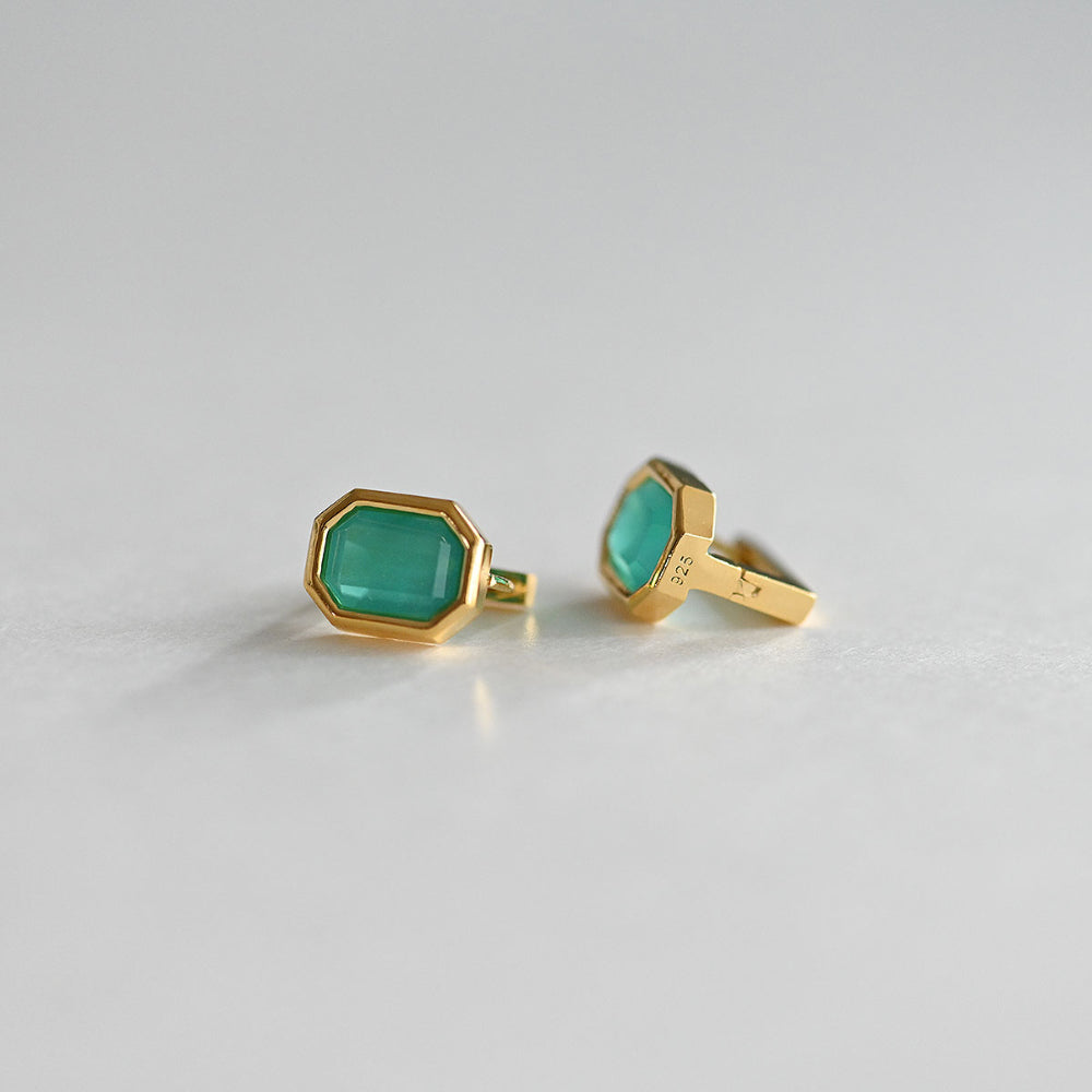 925 Silver Square Bezel Green One Touch Earrings_KWAJE362