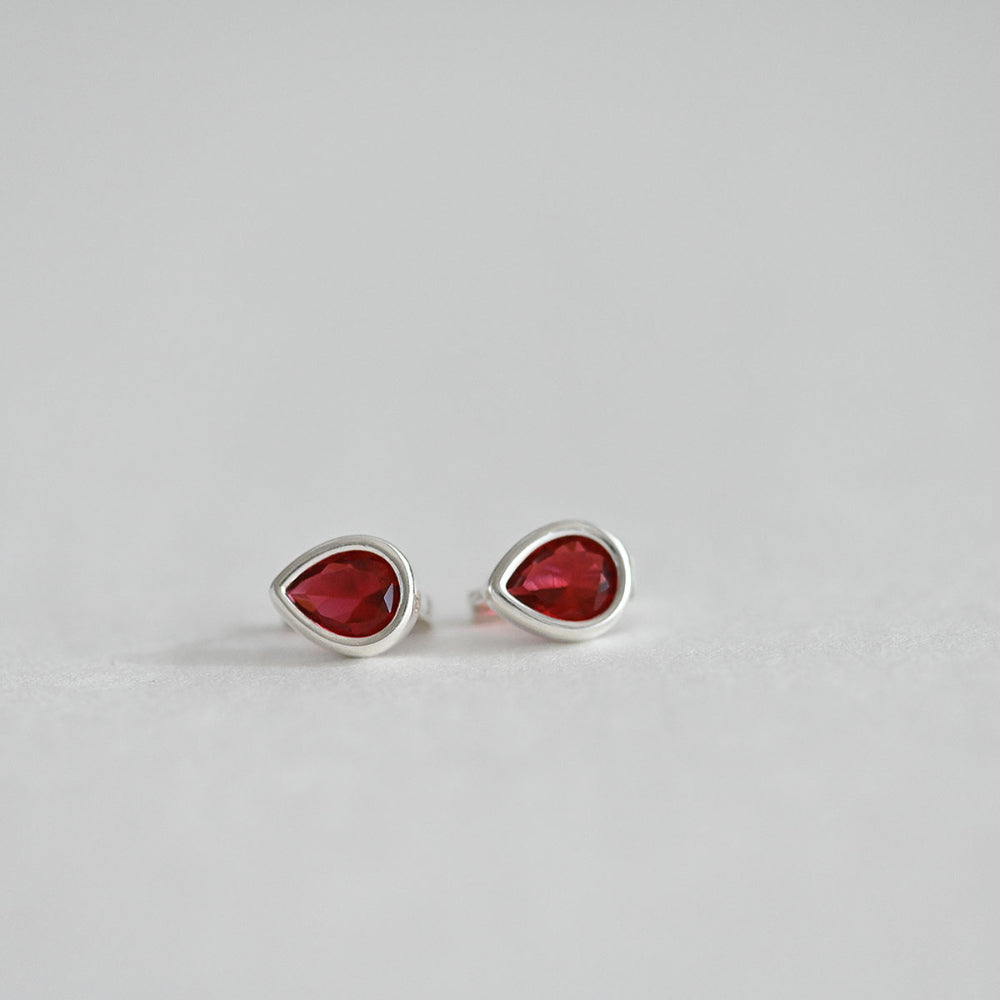 925 Silver Water Drop Bezel Red One Touch Earrings_KWAJE382