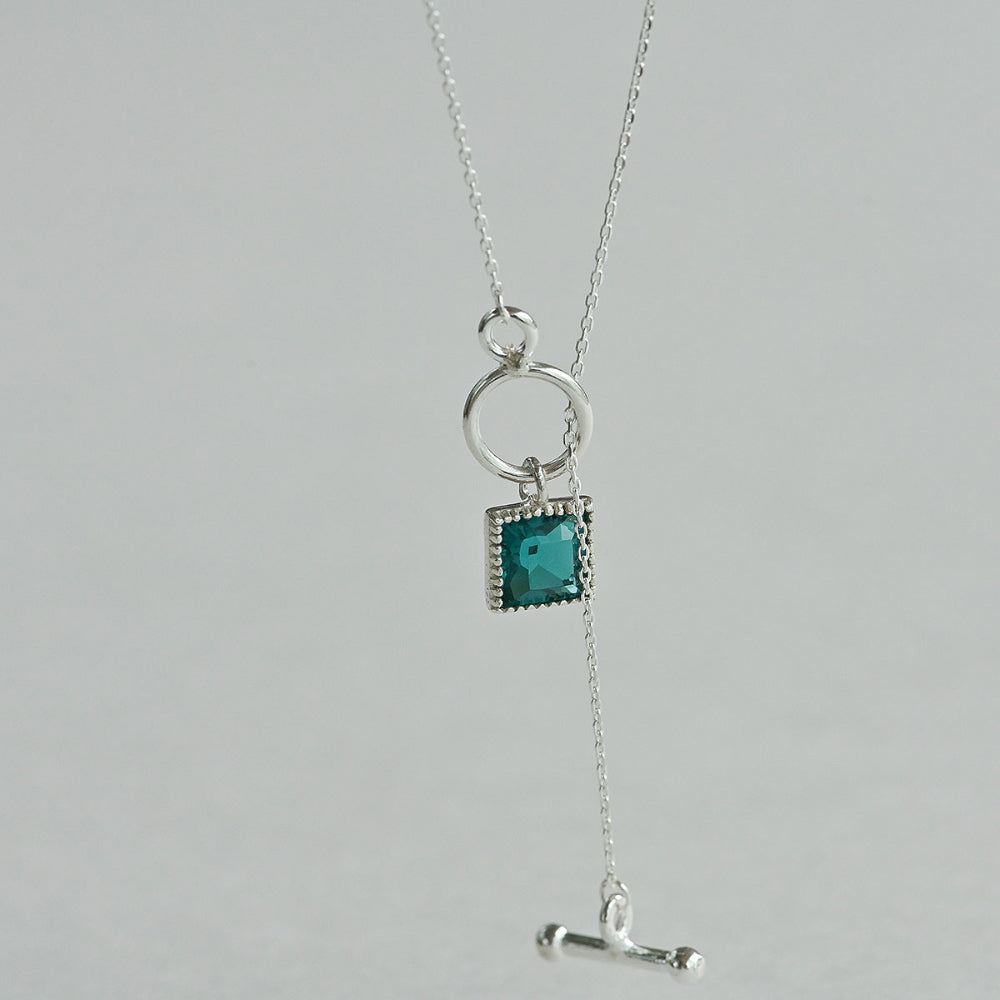 925 Silver Blue Zircon Square Toggle Bar Necklace_KWAJE208