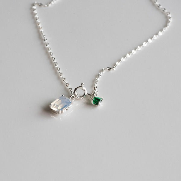 925 Silver White Green Square Necklace_KWAJE572