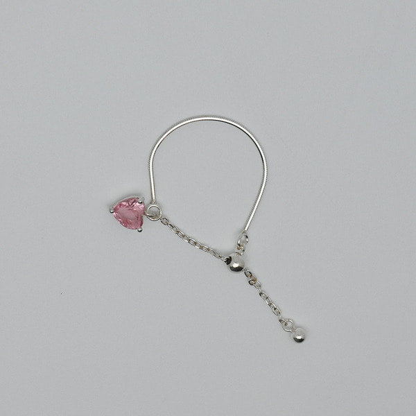 925 Silver Pink Heart Snake Chain Ball Slide Ring_KWAJE050