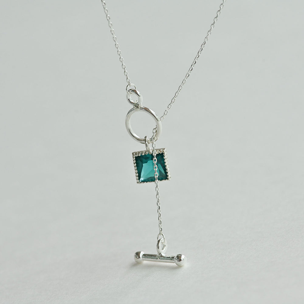 925 Silver Blue Zircon Square Toggle Bar Necklace_KWAJE208