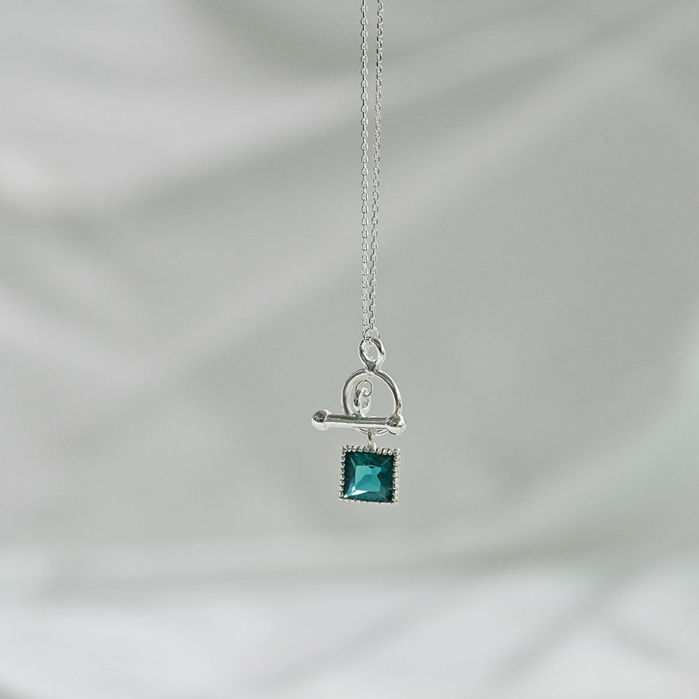 925 Silver Blue Zircon Square Toggle Bar Necklace_KWAJE208