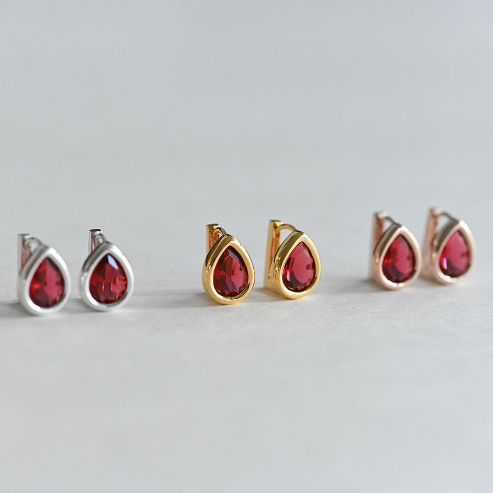 925 Silver Water Drop Bezel Red One Touch Earrings_KWAJE382