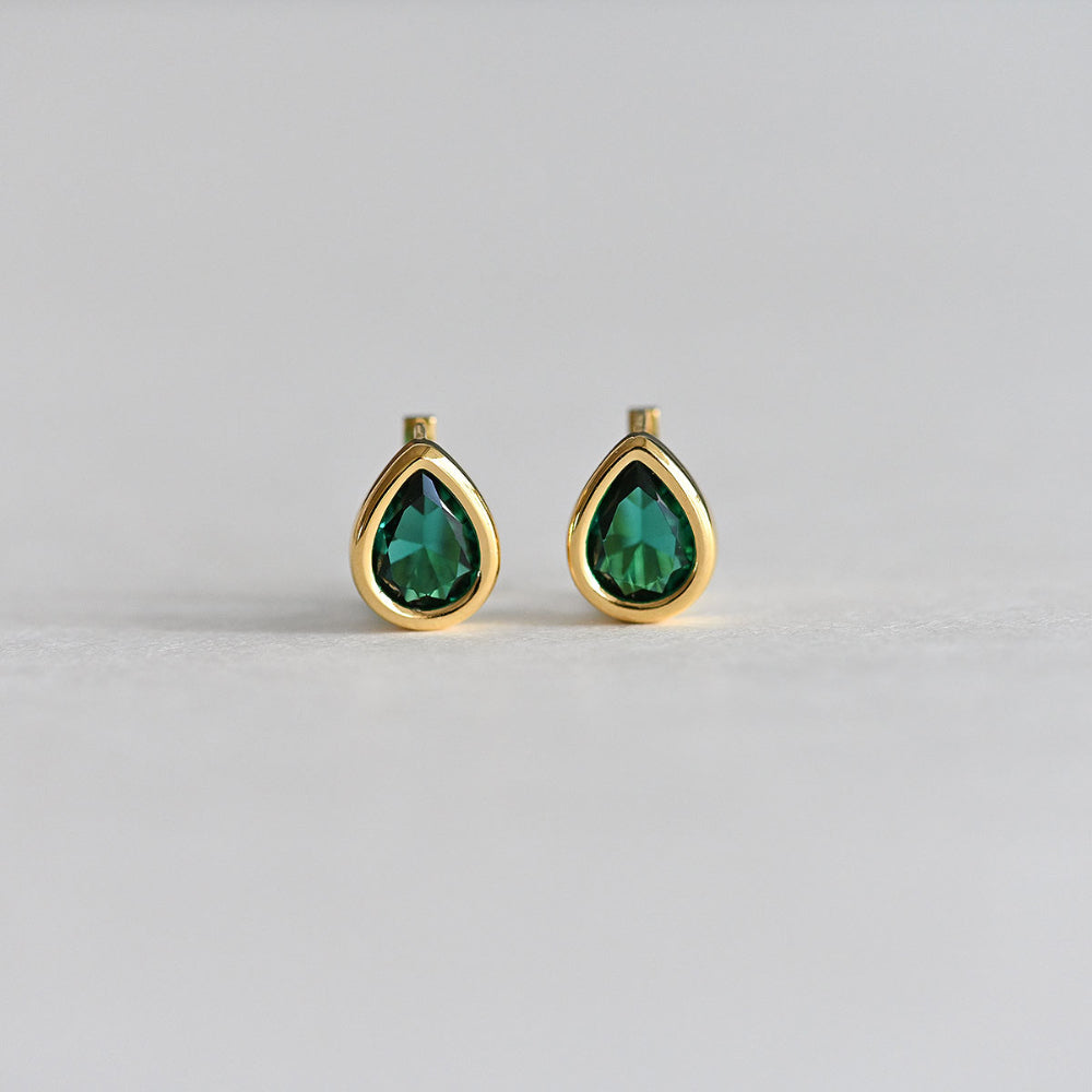 925 Silver Water Drop Bezel Green One Touch Earrings_KWAJE381