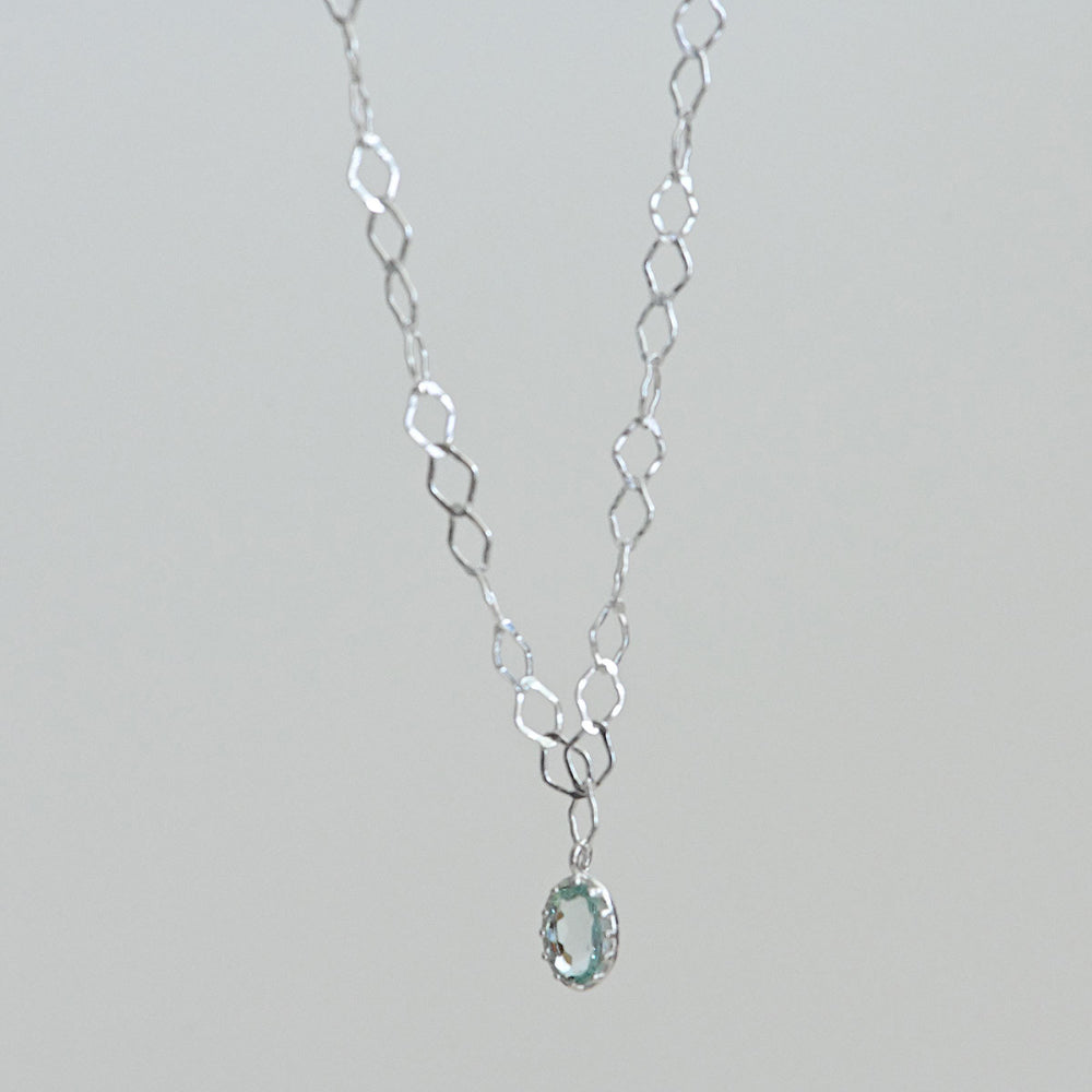 925 Silver Oval Crystal Hammering Necklace_KWAJE547