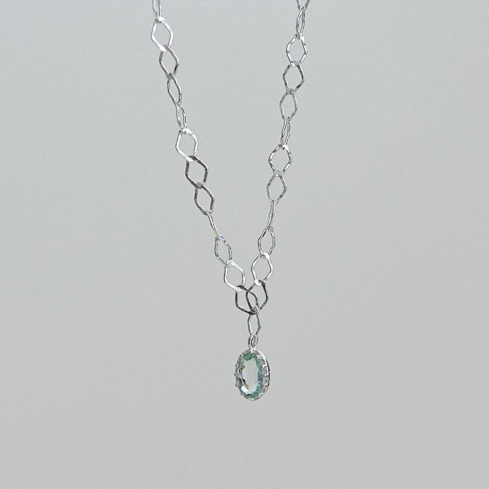 925 Silver Oval Crystal Hammering Necklace_KWAJE547