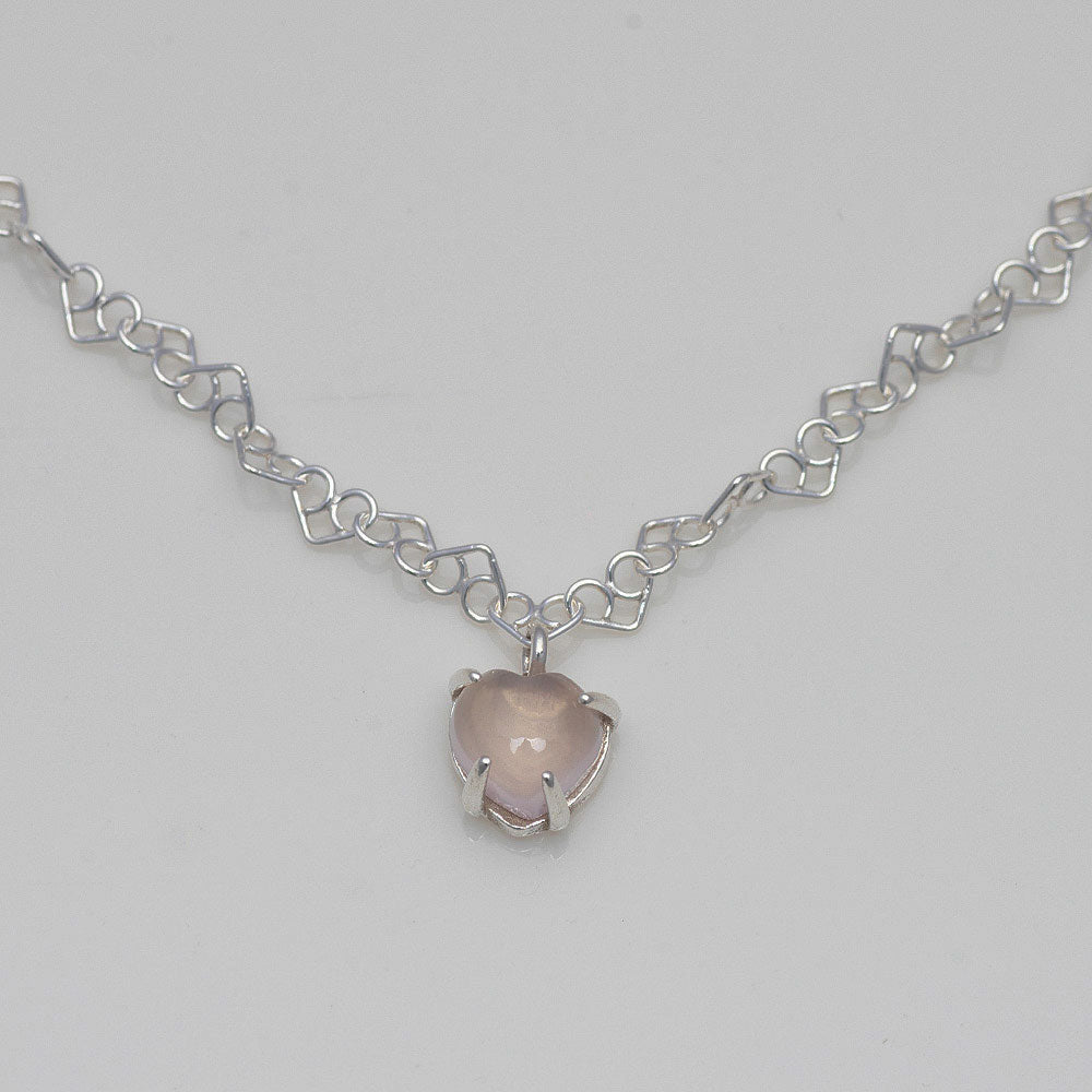 925 silver natural gemstone rose quartz heart necklace_KWAJE456