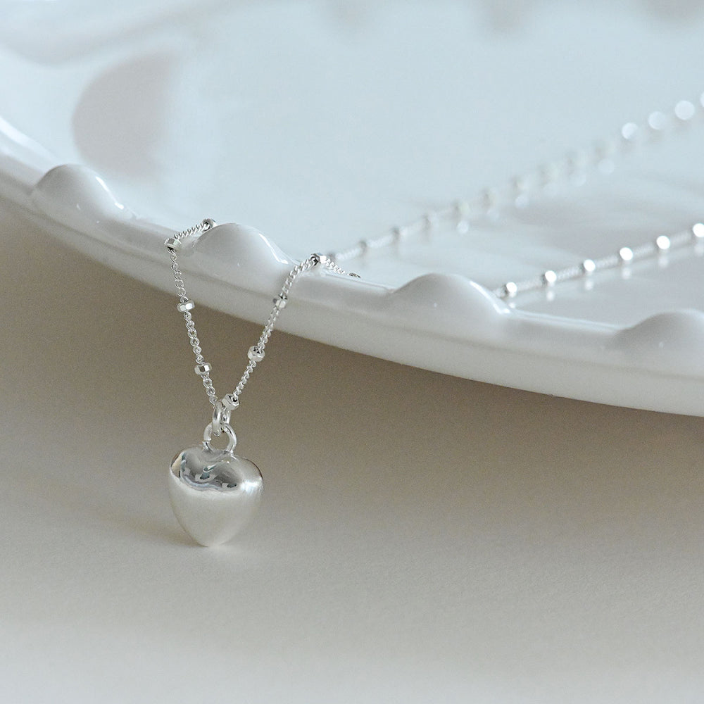 925 silver sparkling square bead chain heart necklace_KWAJE569