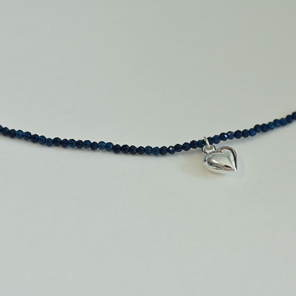 925 silver heart pendant navy beads necklace_KWAJE433