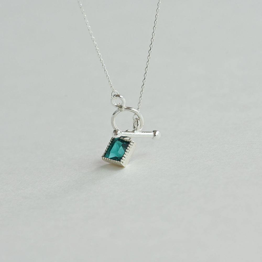 925 Silver Blue Zircon Square Toggle Bar Necklace_KWAJE208