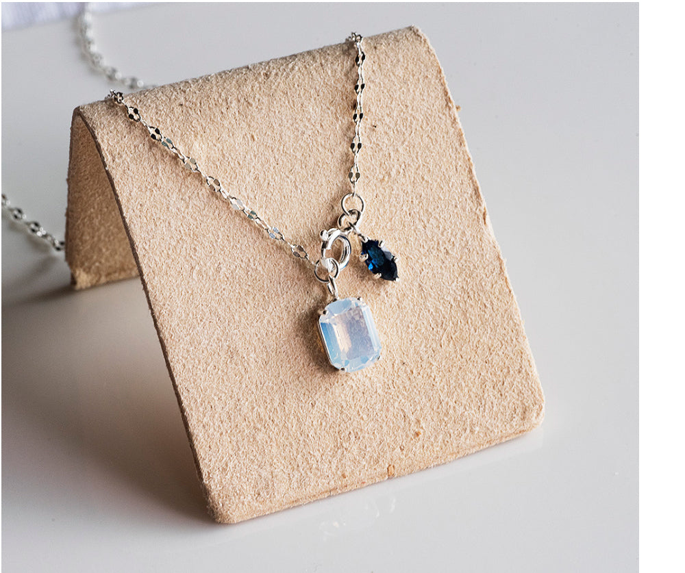 925 Silver White Square Navy Marquise Necklace_KWAJE573