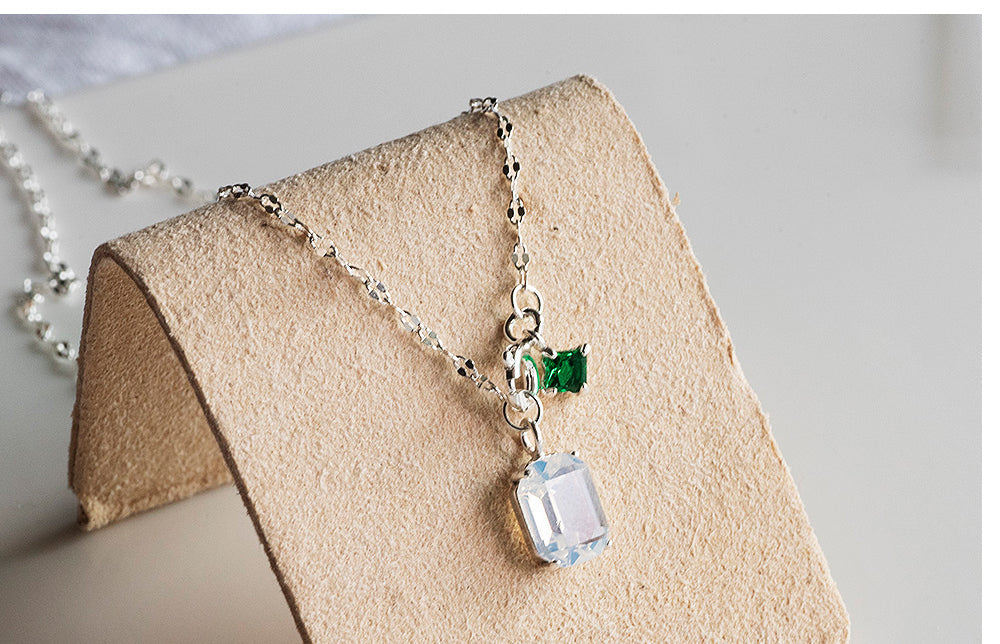 925 Silver White Green Square Necklace_KWAJE572