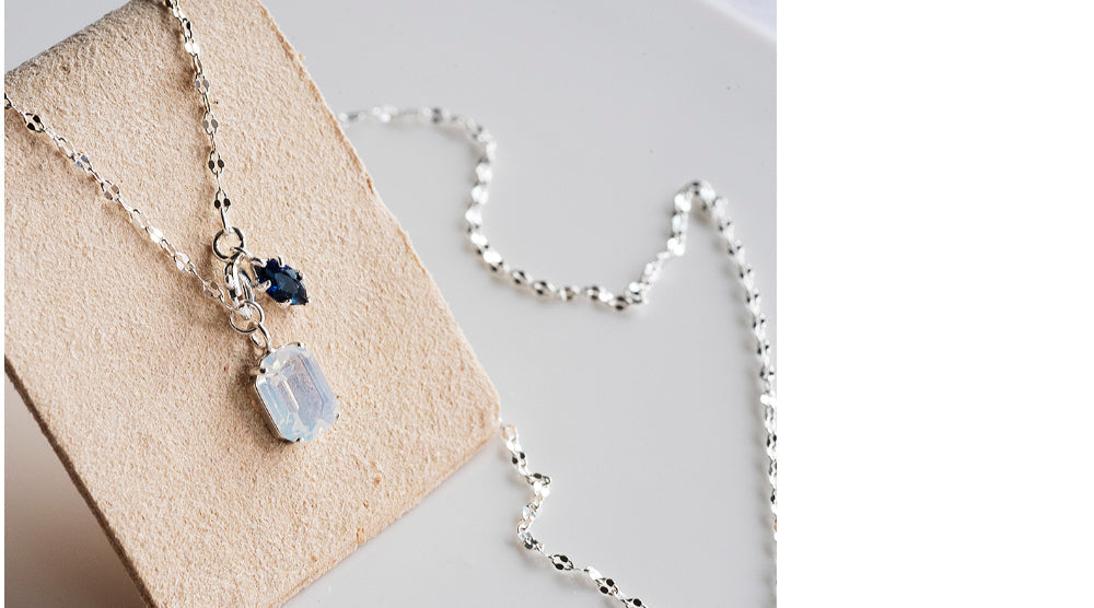 925 Silver White Square Navy Marquise Necklace_KWAJE573